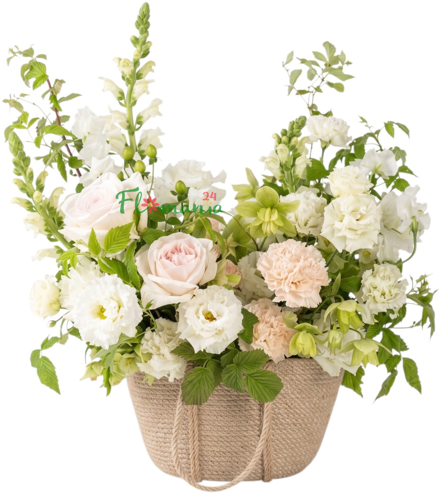 Композиция с эустомой, диантусами и розами «Нити нежности»